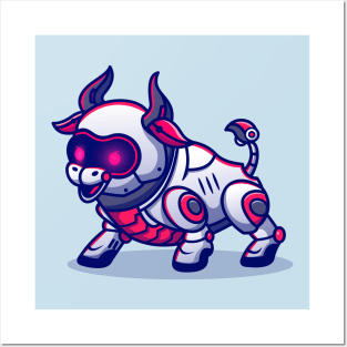 Cute Bull Robot Cartoon Posters and Art